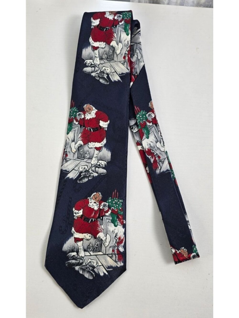 Vintage Hallmark Santa Claus Christmas Tie Navy Blue Yule Tie Greetings USA Made